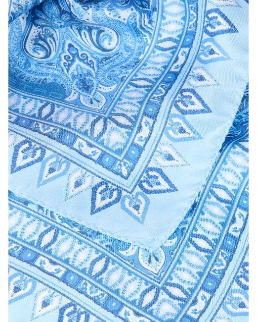 Etro Blue Silk Pocket Square With Floral Paisley Motif for men