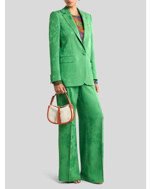 Etro Green Wide-Leg Jacquard Trousers With Floral Motif