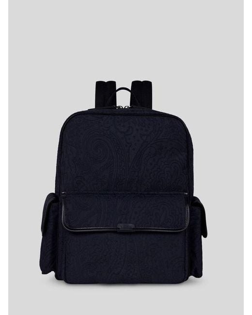 Etro Blue Nylon Jacquard Backpack for men