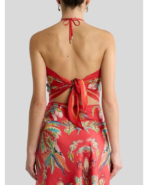 Etro Red Silk Top With Halterneck And Paisley Foliage Motif