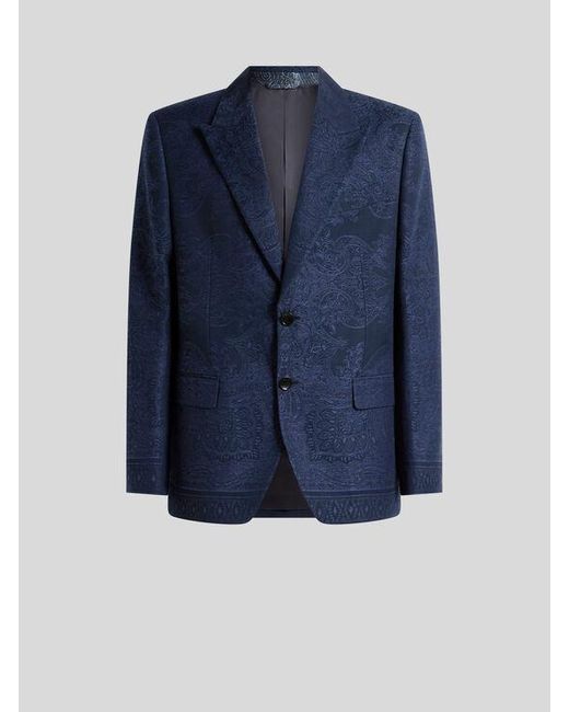 Etro Blue Cotton-Blend Jacquard Jacket With Placed Floral Paisley Motif for men