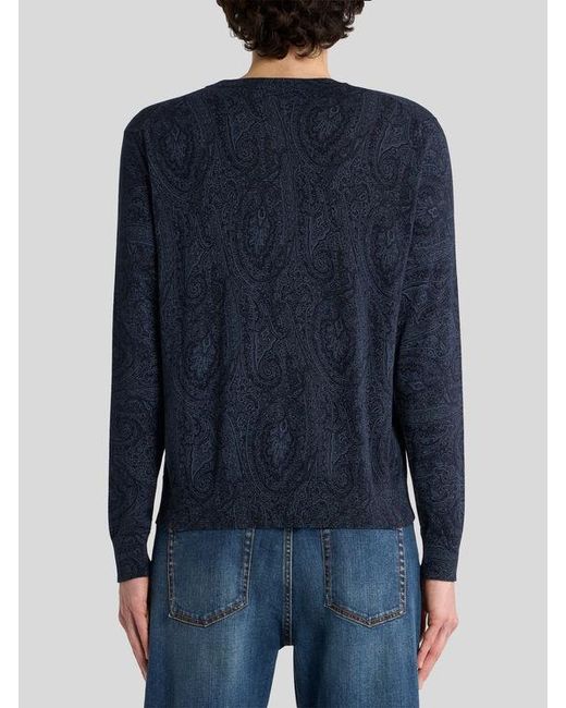Etro Blue Cotton-Blend Sweater With Floral Arnica Motif for men