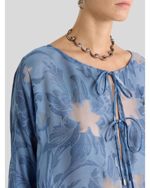 Etro Blue Silk Jacquard Kaftan With Fringing And Fil Coupé Floral Motif