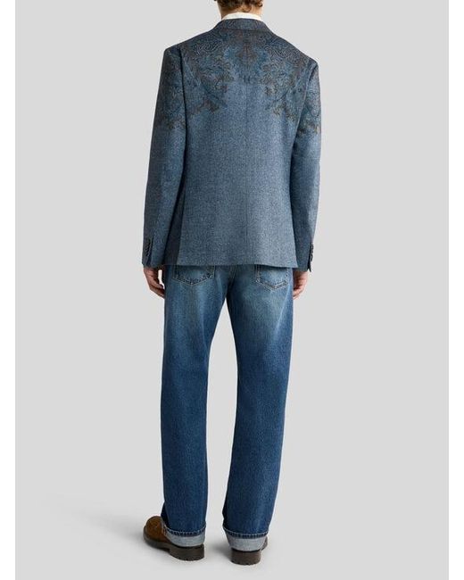 Etro Blue Single-Breasted Wool-Blend Jacket With Placed Paisley Pochette Print for men