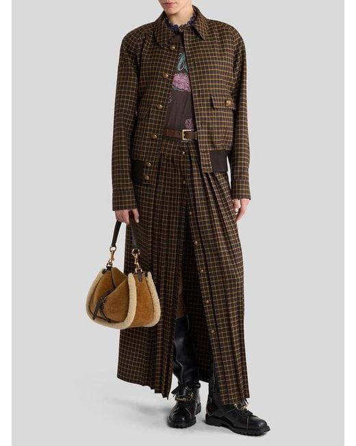 Etro Brown Wool Maxi Skirt With Pleating And Check Motif