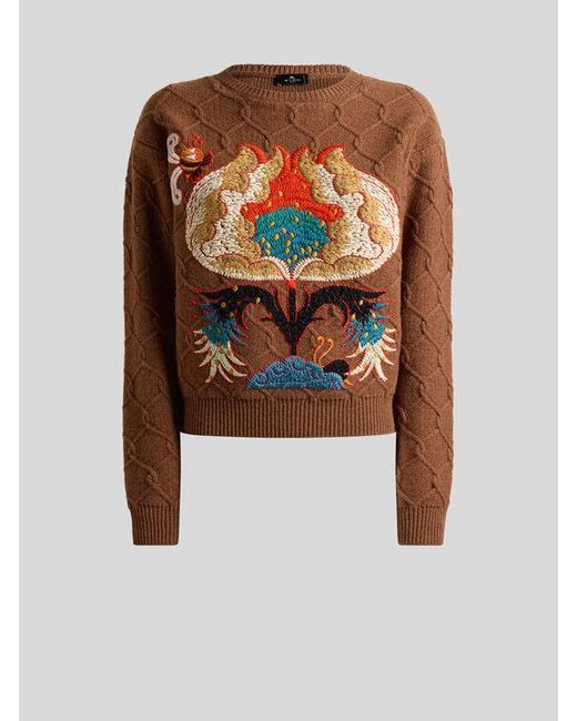 Etro Brown Wool Sweater With Floral Embroidery