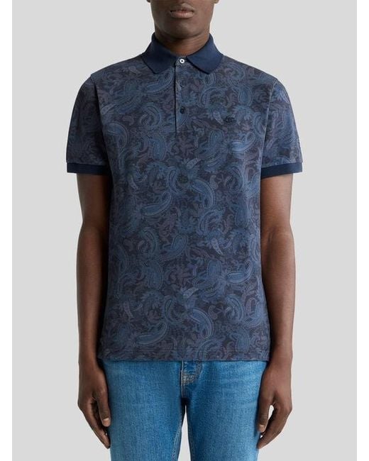 Etro Blue Cotton Pique Polo Shirt With Paisley Motif for men