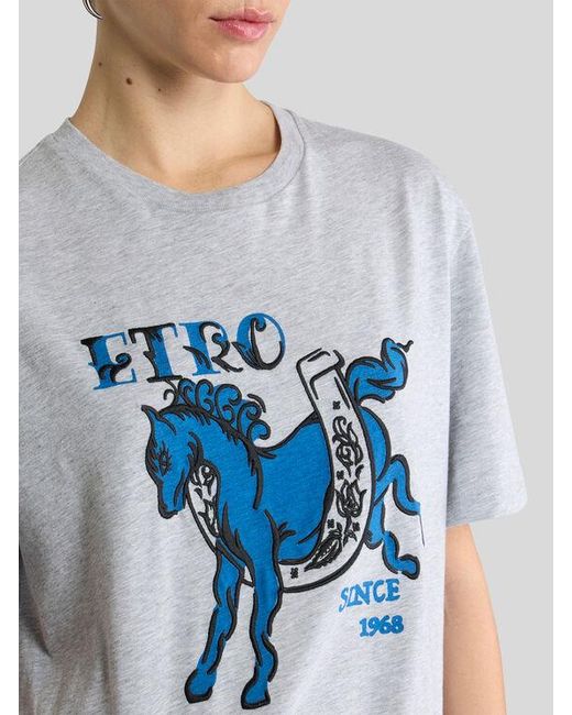 Etro Blue Cotton Jersey T-Shirt With Pegaso Print And Logo
