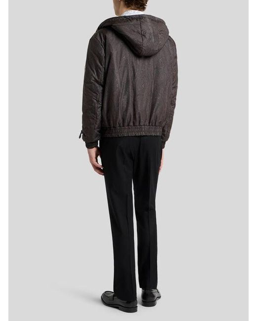 Etro Black Padded Bomber Jacket With Hood And Arnica Motif for men