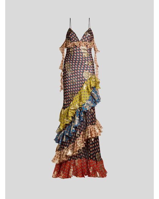 Etro Multicolor Long Silk Dress With Fil Coupé Roses And Tie-Inspired Motif