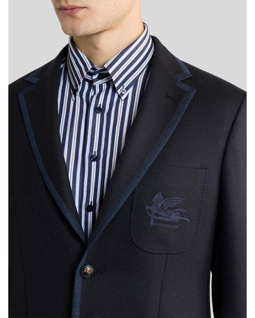 Etro Blue Single-Breasted Wool Jacket With Pegaso Logo for men