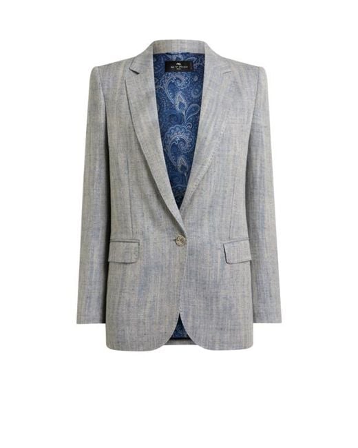 Etro Blue Single-Breasted Linen-Blend Jacket