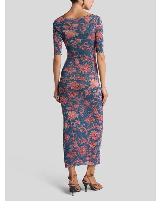 Etro Blue Stretch Tulle Midi Dress With Floral Motif