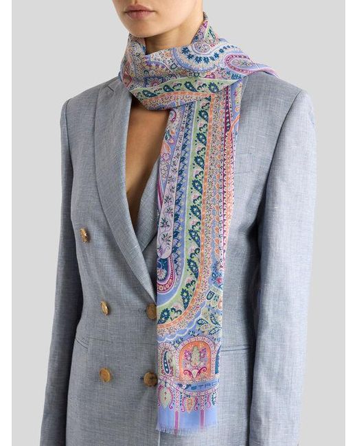 Etro Blue Paisley-Print Frayed Scarf