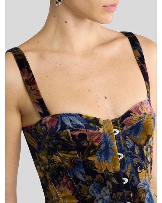 Etro Black Cotton Velvet Corset Top With Floral Overprint