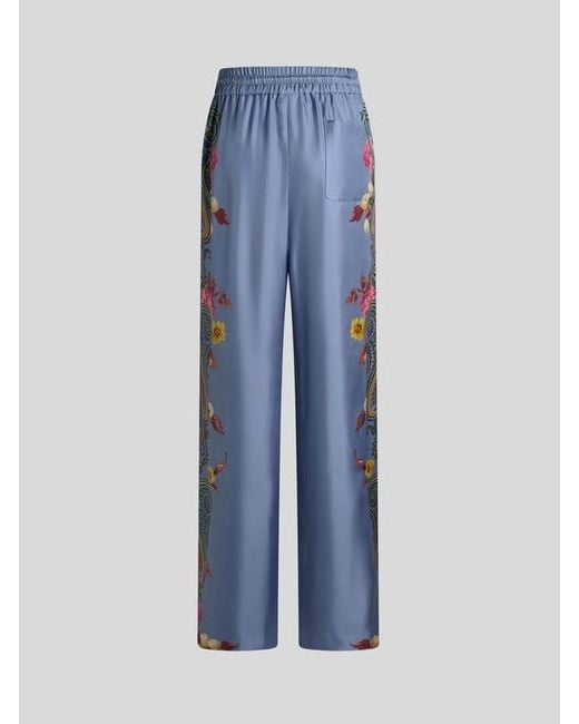 Etro Blue Silk Trousers With Placed Floral Paisley Print