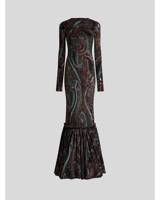 Etro Black Chenille Jacquard Long Dress With Paisley Motif