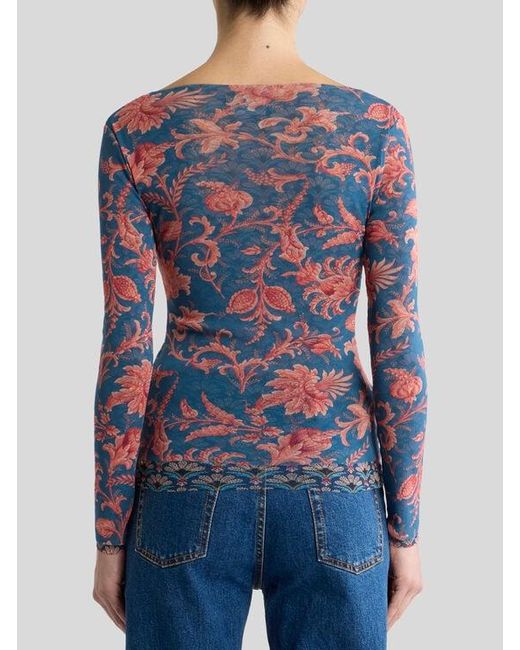Etro Blue Stretch Tulle Sweater With Floral Motif