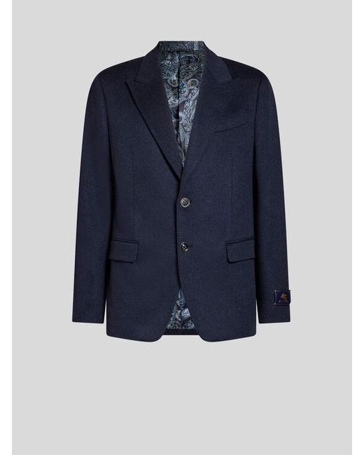 Etro Blue Single-Breasted Cashmere Jacket for men