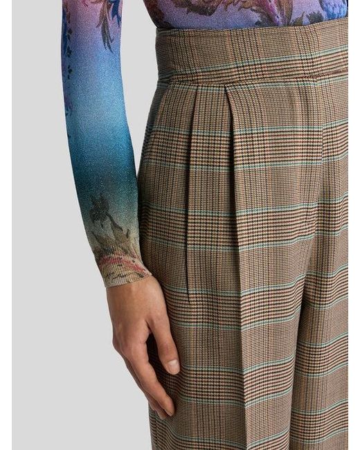 Etro Natural Stretch Wool Trousers With Prince Of Wales Motif