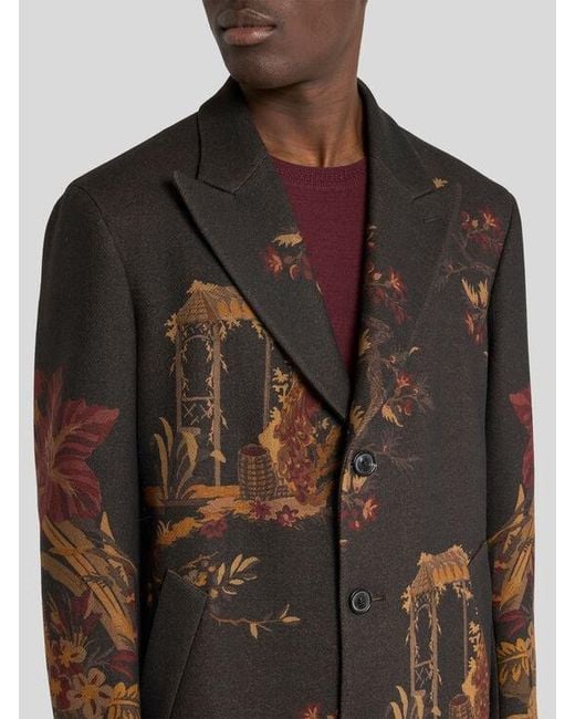 Etro Black Wool-Blend Coat With Placed Flower And Animal Print for men