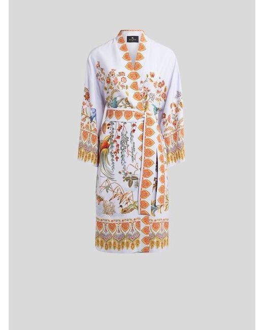 Etro White Silk Kimono With Placed Flora And Fauna Print
