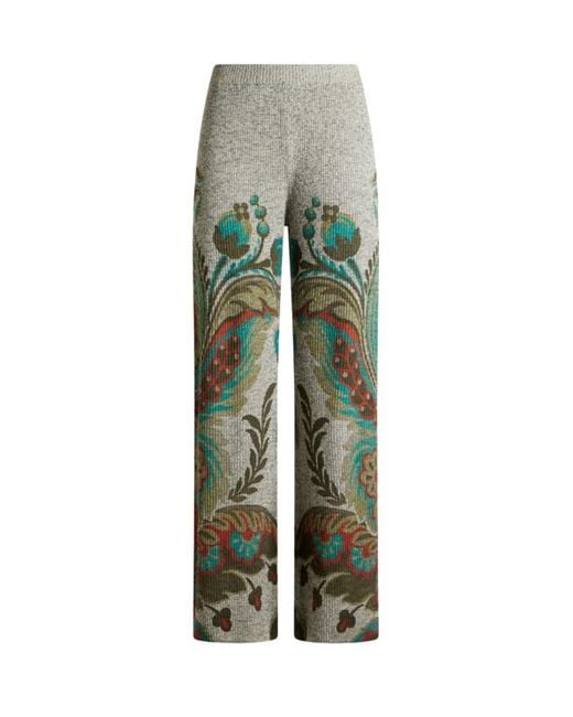 Etro Green Ribbed Wool Trousers With Daffodil Print