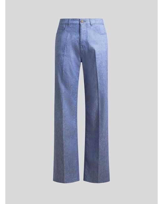 Etro Blue Straight-Leg Linen-Blend Denim Jeans With Pressed Creases for men