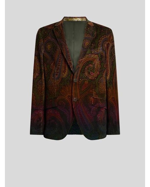 Etro Brown Single-Breasted Cotton Corduroy Jacket With Placed Degradé Paisley Print for men