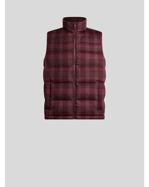 Etro Red Wool And Cashmere Down Gilet With Check Motif for men
