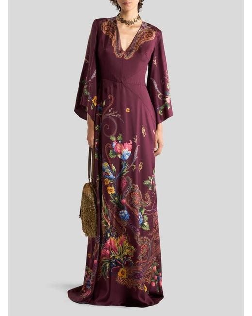 Etro Red Long Silk Dress With Placed Floral Paisley Print