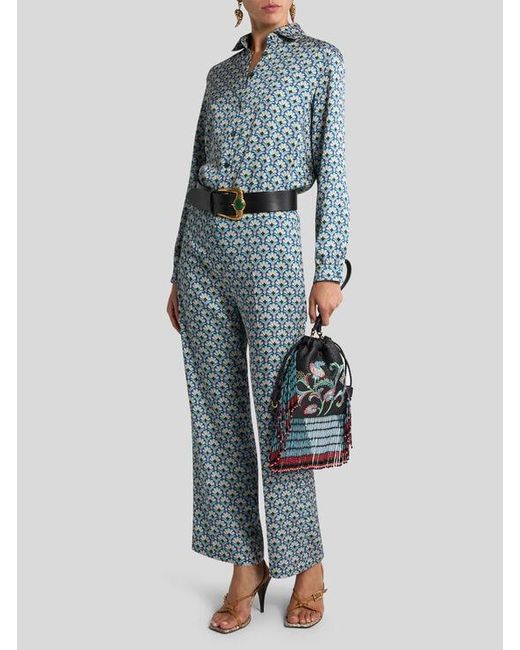 Etro Blue Twill Shirt With Micro Palm Motif