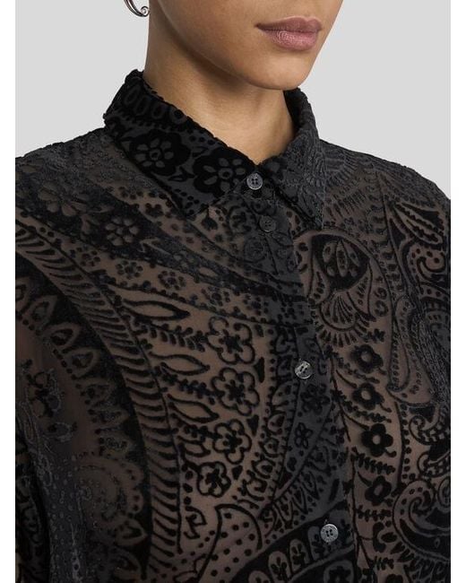 Etro Black Burnout Velvet Shirt With Floral Paisley Motif