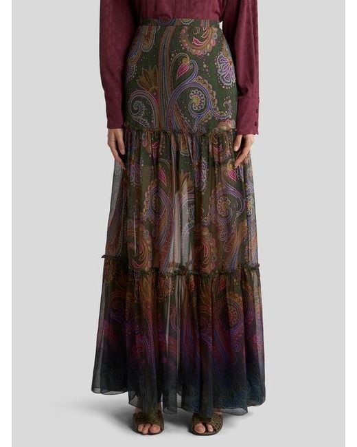 Etro Brown Silk Maxi Skirt With Placed Paisley Print