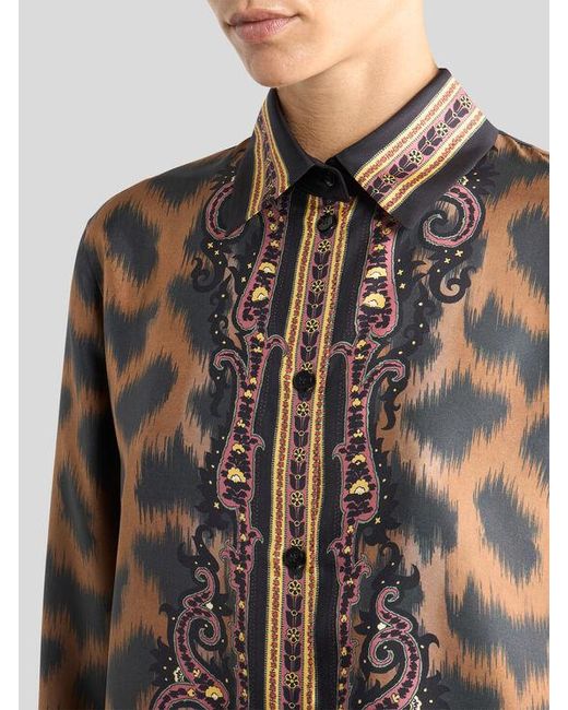 Etro Brown Silk Twill Shirt With Animal Motif