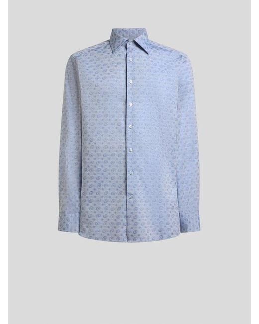Etro Blue Cotton-Blend Fil Coupé Shirt With Micro Paisley Motif for men