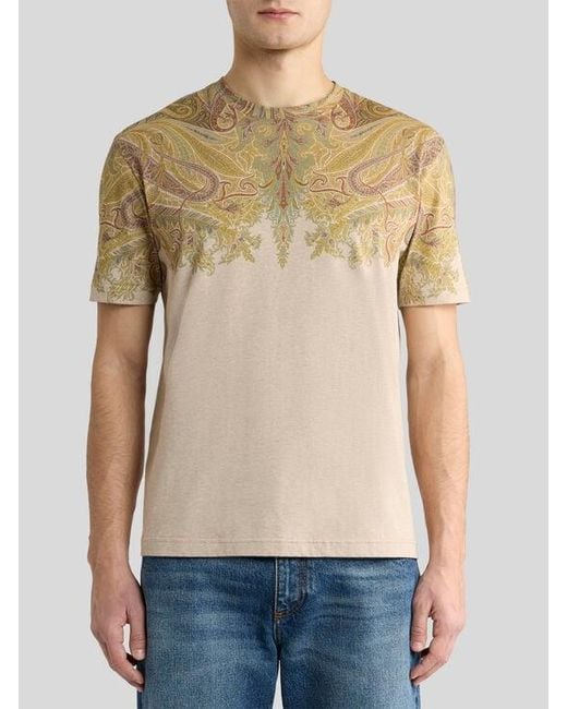 Etro White Cotton Jersey T-Shirt With Placed Paisley Pochette Print for men