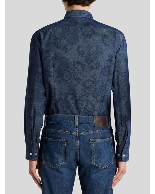 Etro Blue Cotton Denim Shirt With Leafy Paisley Motif And Pegaso for men