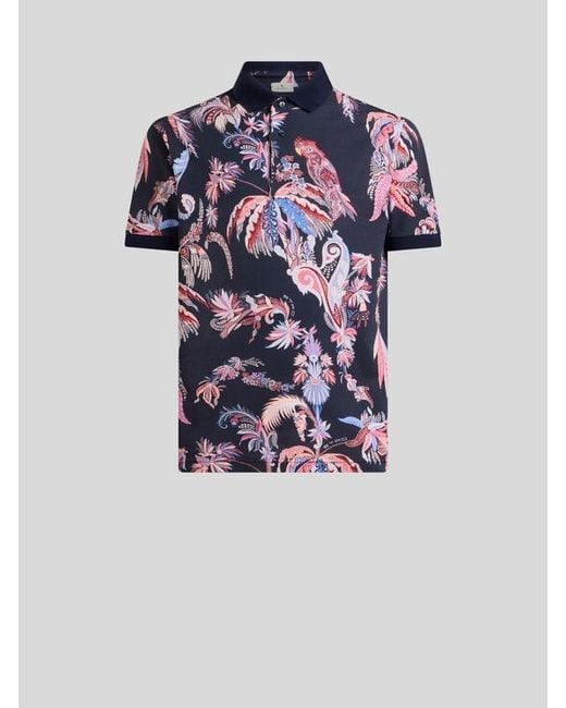 Etro Blue Cotton Pique Polo Shirt With Parrot And Palm Tree Motif for men
