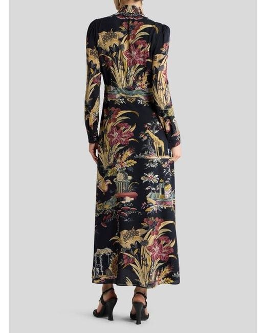 Etro Black Long Dress With Silk Scarf And Placed Flower And Animal Print