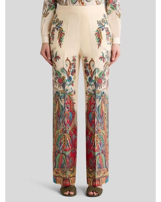 Etro White Silk Trousers With Placed Paisley Foliage Print