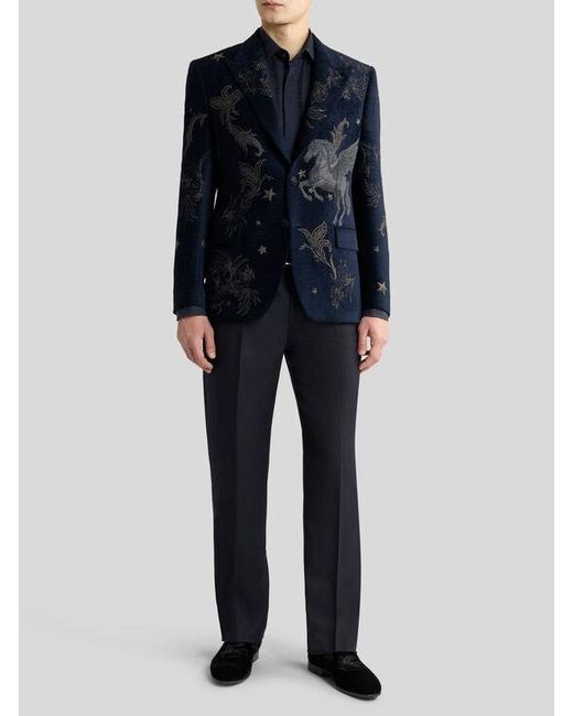 Etro Blue Chenille Jacquard Single-Breasted Jacket With Pegaso Motif for men