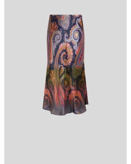 Etro White Envers Satin Midi Skirt With Placed Degradé Paisley Print