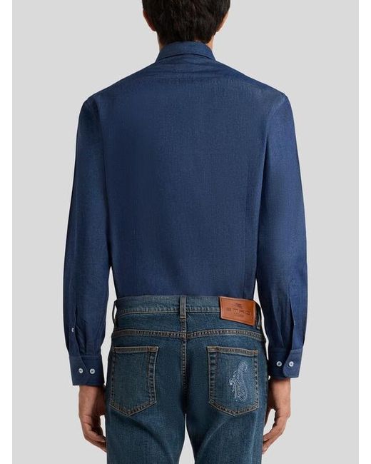 Etro Blue Chambray Shirt With Logo for men