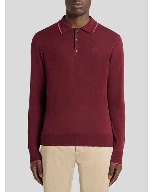 Etro Red Cotton-Blend Polo Shirt With Pegaso Embroidery for men