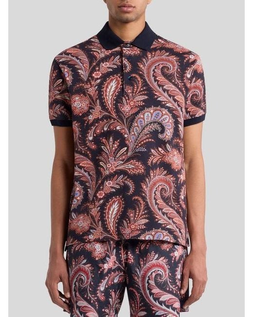 Etro Red Floral Paisley Cotton Polo Shirt for men