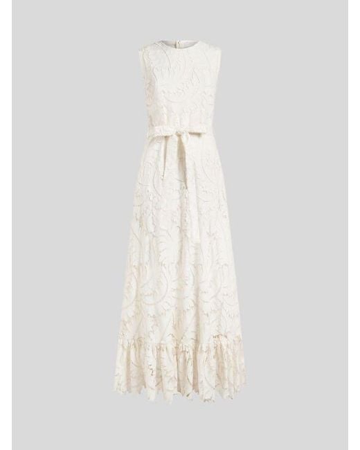 Etro White Long Cotton Poplin Dress With Embroidered Lace