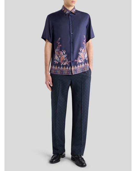 Etro Blue Short-Sleeved Silk Shirt With Placed Print for men