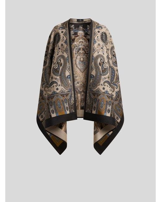 Etro Black Wool-Blend Jacquard Cape With Paisley Motif