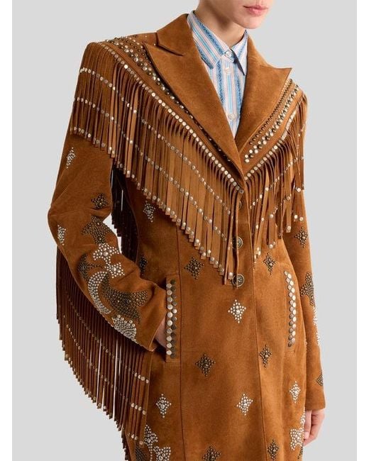 Etro Brown Leather Coat With Studs And Fringing